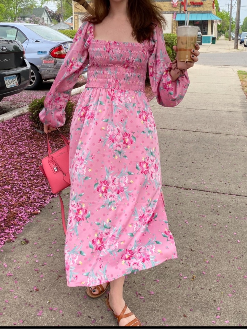 Wayf Pink Floral Smocked Midi Dress